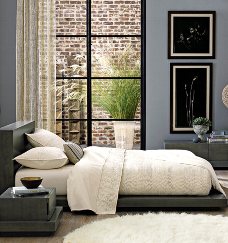 west elm - wood-block platform headboard + low platform bed